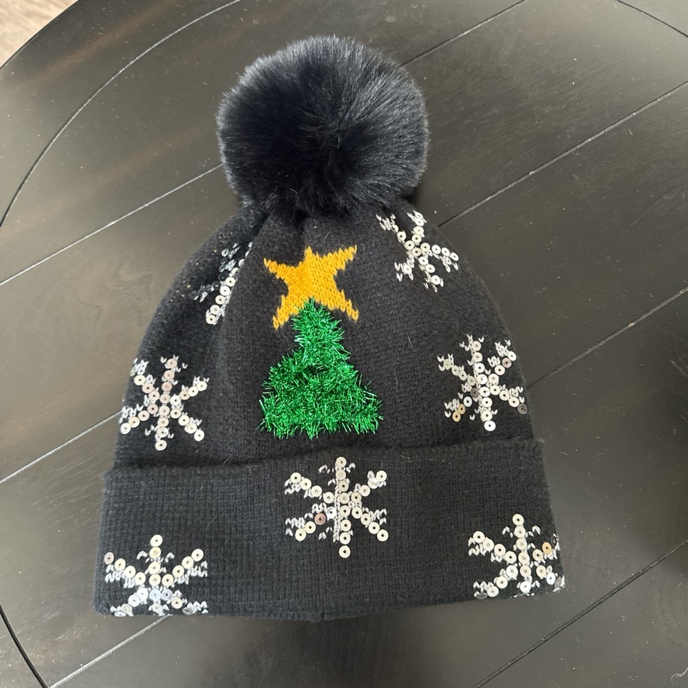 Holiday Pom Beanie w/ Sequin Snowflakes & Tree-New Without Tags-Never Worn!
